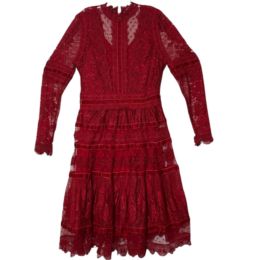 Moma crew neck lace long sleeve red dress,size S